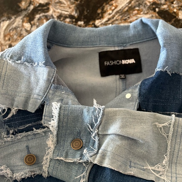 Fashion Nova Denim Patchwork Cropped Jacket (1X) - Picture 4 of 6